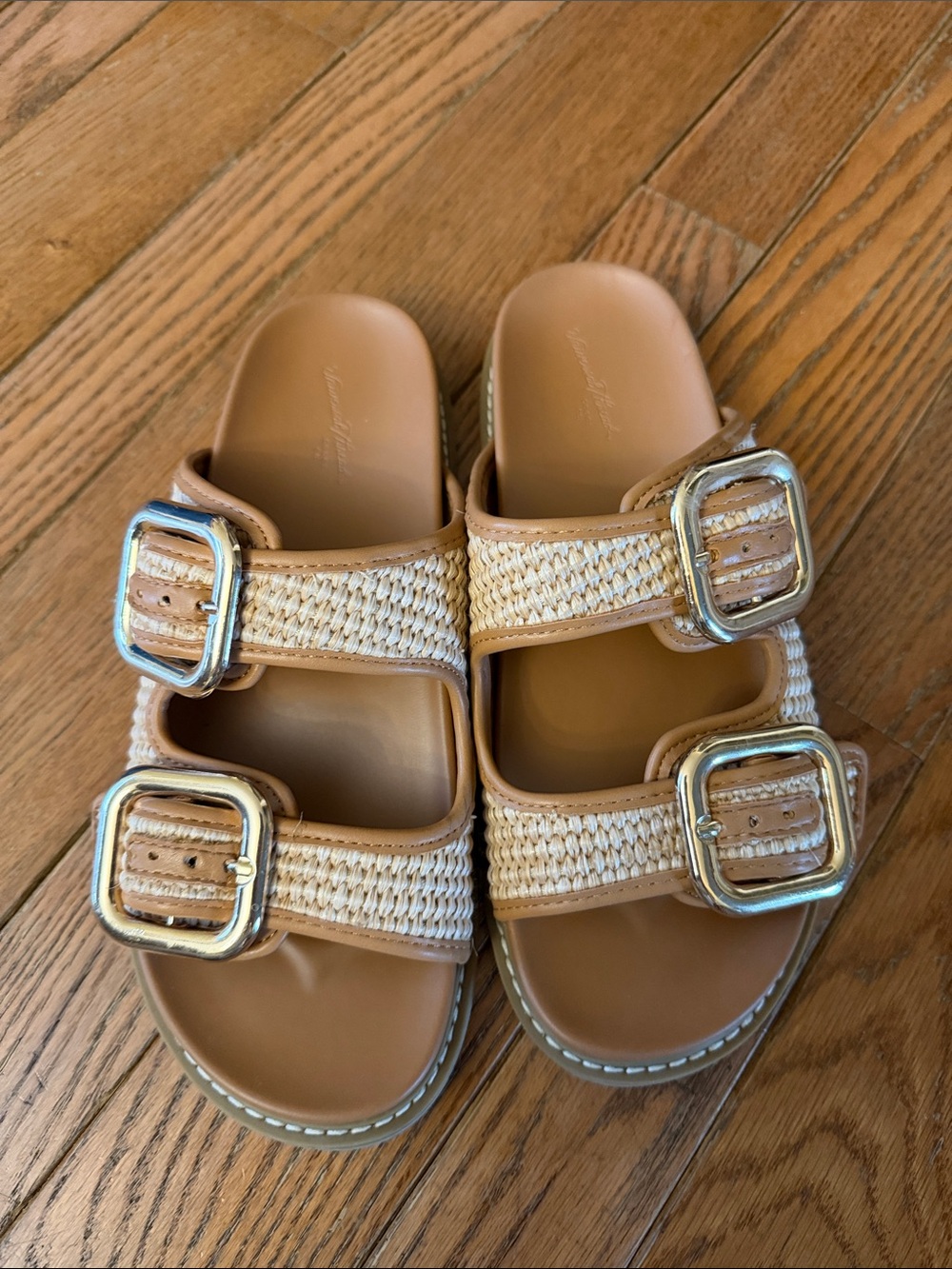 Universal Thread Tan Woven Double-Buckle Slide Sandals